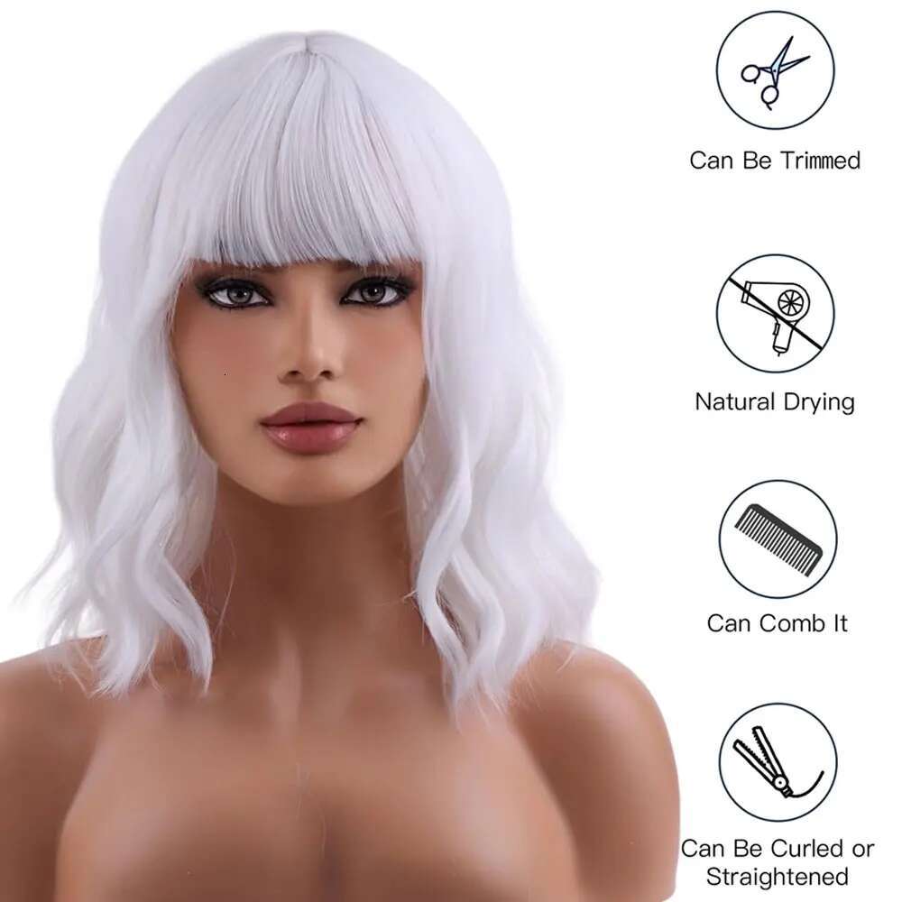 White Bob Synthetic Short Curly Wavy Lolita Natural Hair Wigs With Bangs For Women Heat Resistant Cosplay Wig