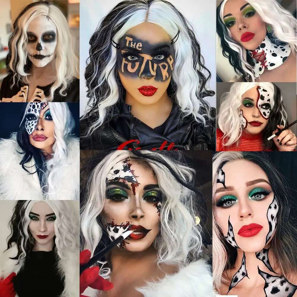 Cruella De Vil Synthetic 14"Short Curly Bob Wavy Wig Body Wave Halloween Cosplay Daily Women Girls Party Wigs (Black And White)