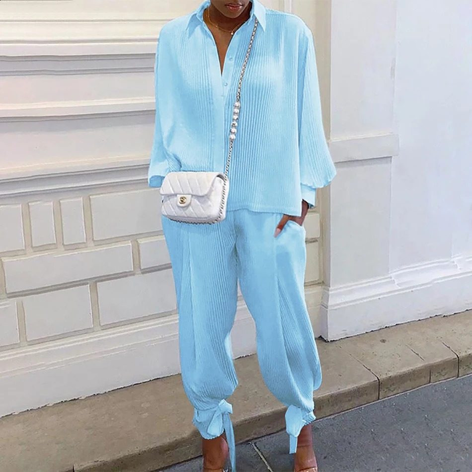 Spring 2 Piece Set Women Tops and Pants Tracksuit Casual Solid Suit Long Sleeve Vneck Shirt Loose Sportwear Outfit 250225