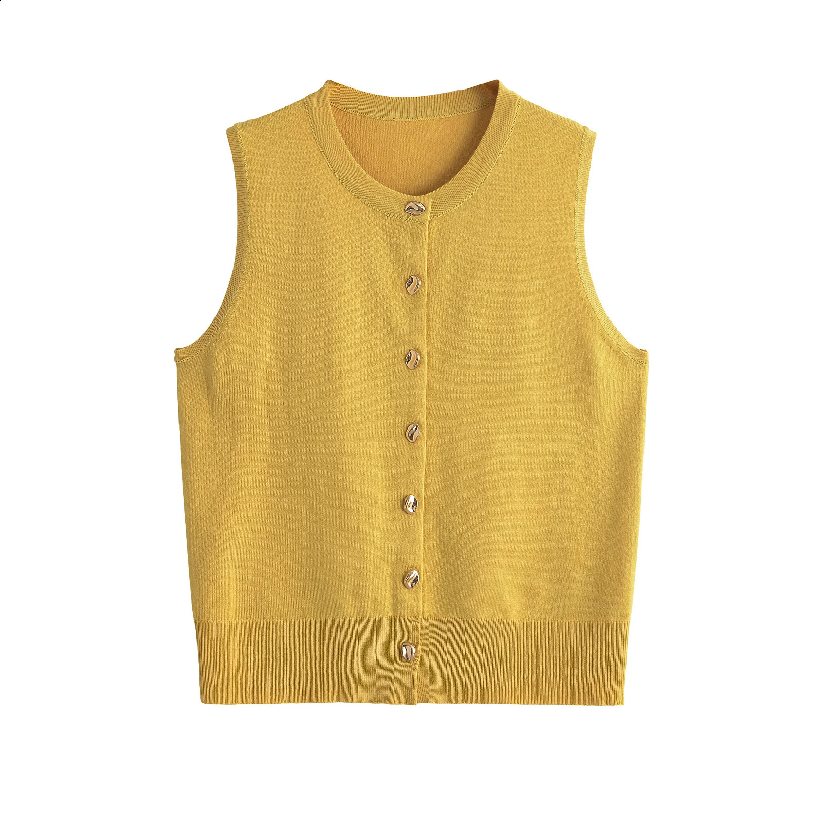 2025 Spring Womens Round Neck Sleeveless Multifunctional Casual Golden Single Breasted Knitted Vest 250224
