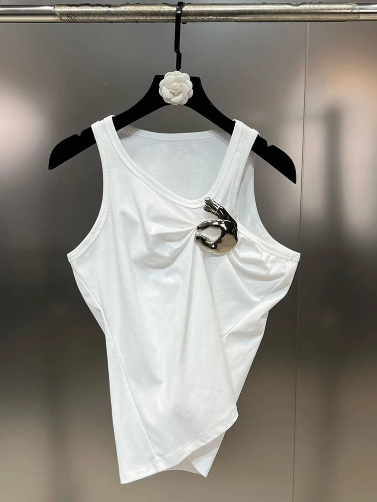 DEAT Trendy Fashion Womens Solid Color Wrinkled Camisole 2025 Spring Items Round Neck Sleeveless Tank Top Female 11XX7428250222