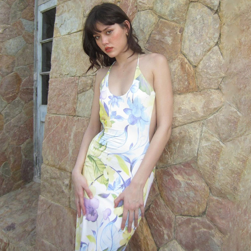 Women's New4 Summer New Product Fashionable Printed Sexy Backless U-Neck Slimming Strap Dress