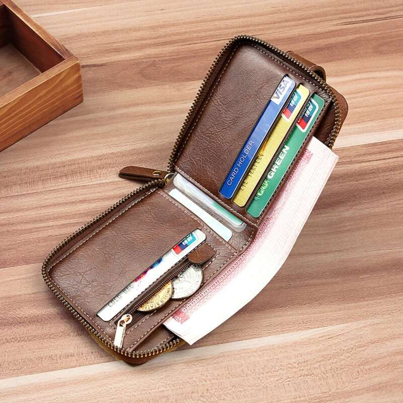 Retro Men's Short Strap Zipper Multi Slot Wallet Solid Color PU Leather High-quality And Durable Wallet Convenient For Men's Wear