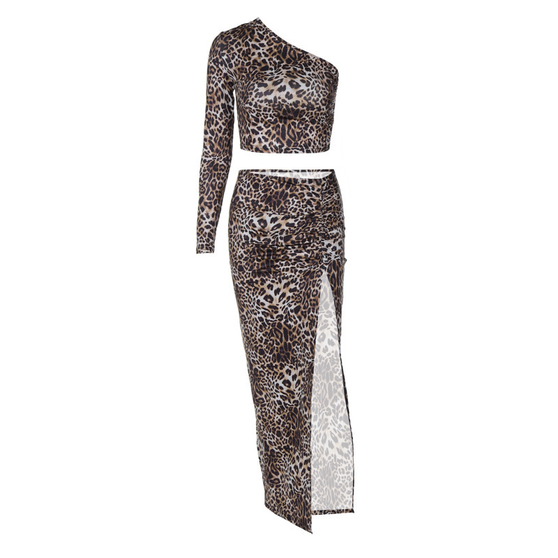 Women's New3 Winter New Product Sexy Printed One Shoulder Open Navel Top Slim Fit Split Skirt Set