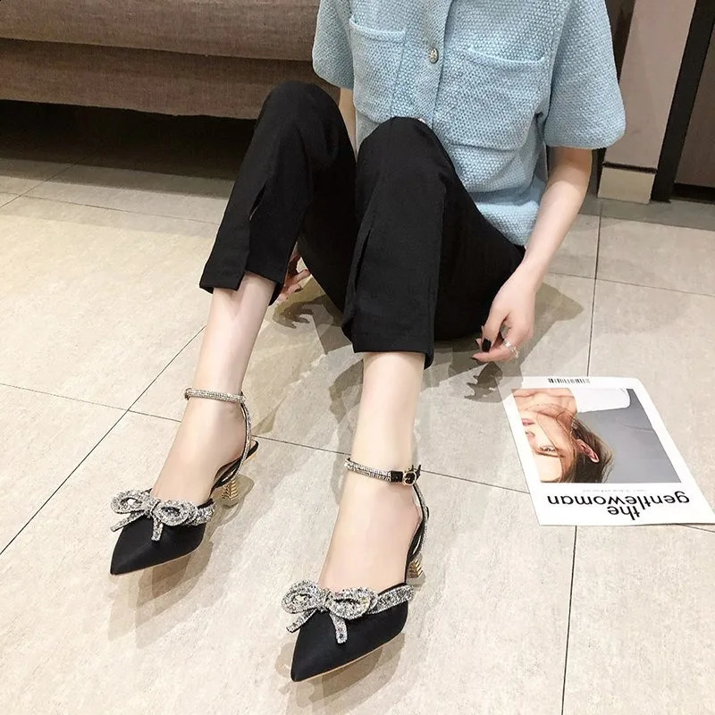 Clear Heels Beige Heeled Sandals Buckle Strap Comfort Shoes for Women Med 2023 Summer Black Girls Closed Medium Pointed Sandals 250218