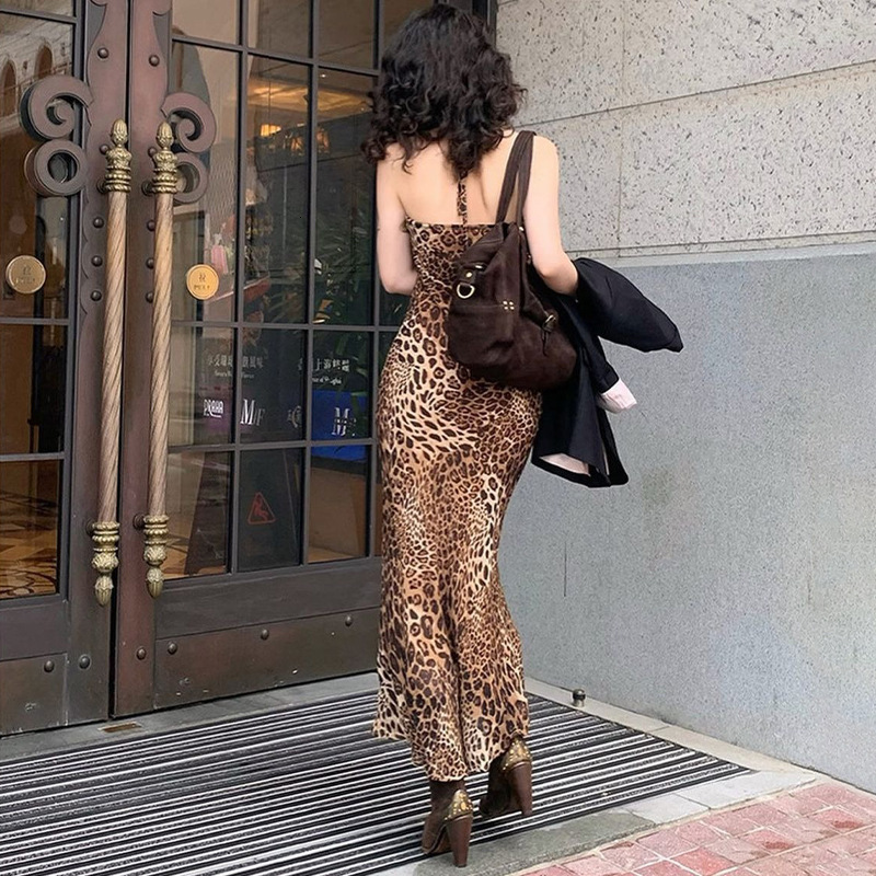 Women's New4 Summer New Fashion Sexy Off Back Lace Up Leopard Print Dress