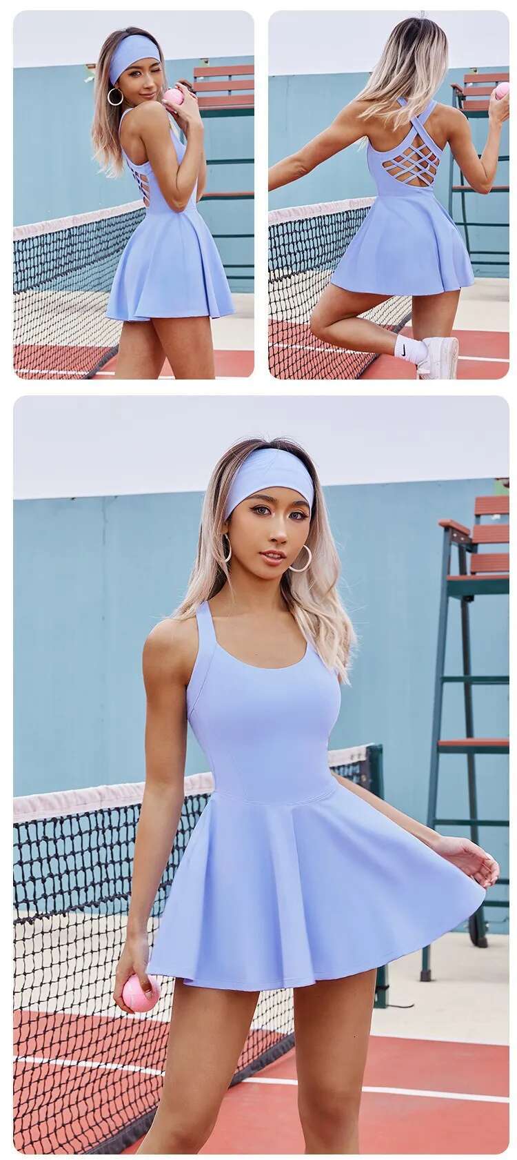 Women Tennis Dress One-Pieces Slim Fit Soft Sports Sets Golf Badminton Skorts Back Cross Tracksuits With Chest Pads Yoga Suits
