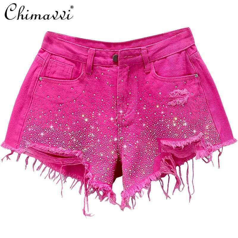 Heavy Ripped Denim Shorts Women's Hot 2023 Summer New High Waist Slimming European Color Rhie Jean Wide Leg Pants