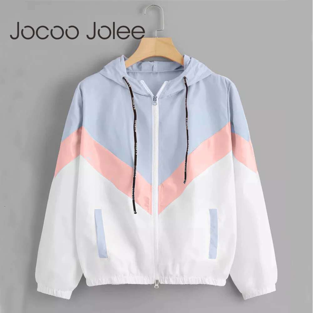 Fashion Hooded Windbreaker Women Elegant Color Block Patchwork Zipper Bomber Jacket Autumn Casual Coat Outerwear Raincoat