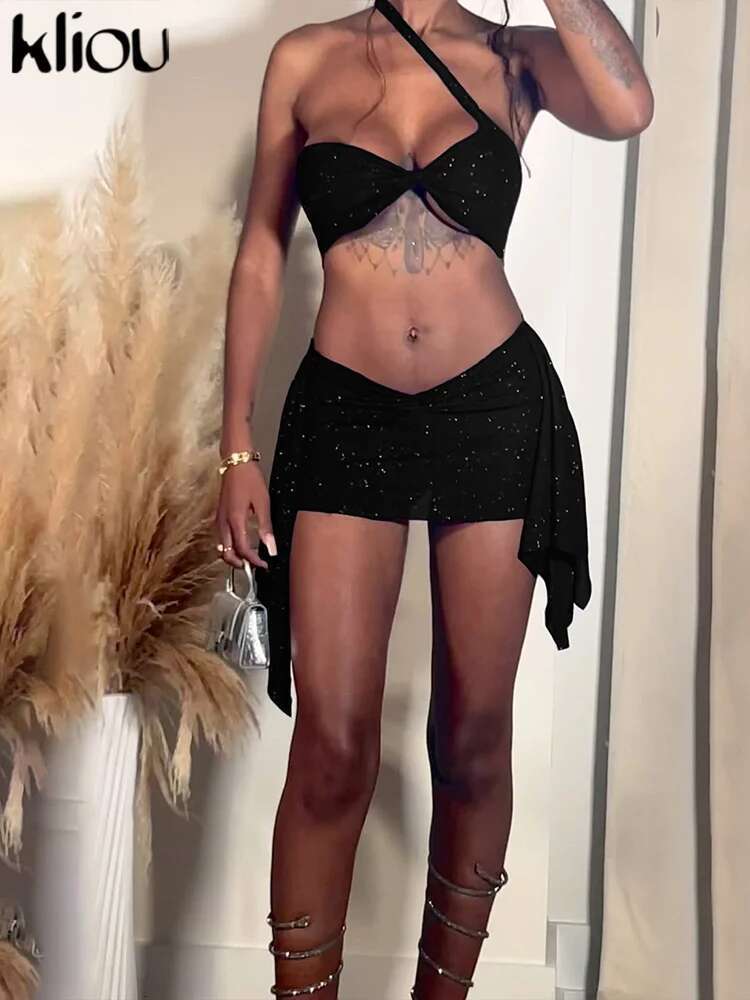 Kliou Sexy Women 2 Piece Set Slash Neck Wrap Chest Bra+Irregular Tassel Slim Ruched Mini Skirts Female Party Midnight Clubwear