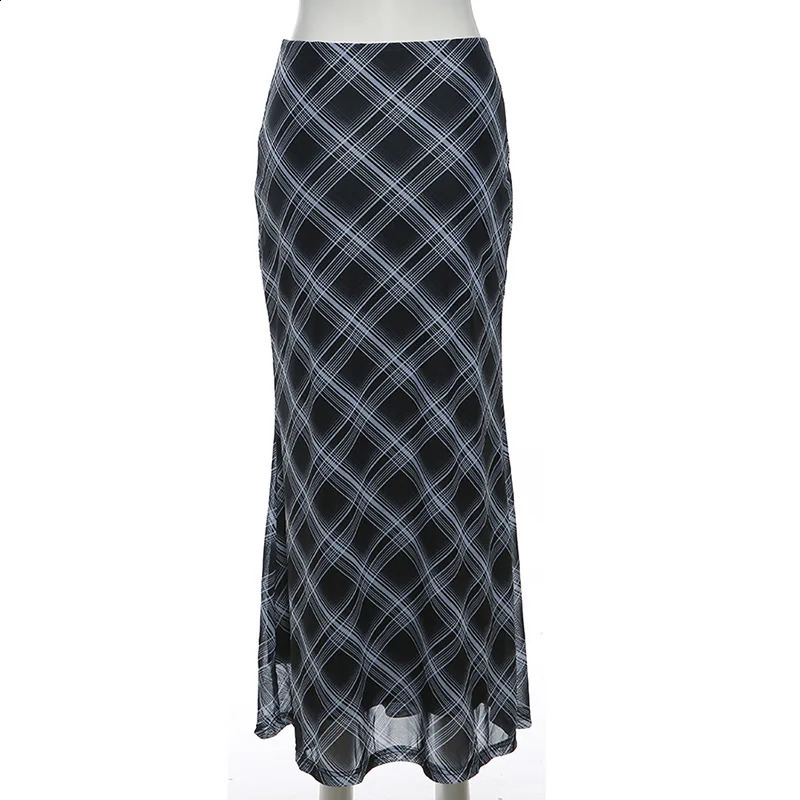 Aesthetics Retro Plaid Print Mesh Long Skirts Y2K Vintage 90s Low Waist Double Layer Straight Midi Skirt Korean Fashion Clothes 250228