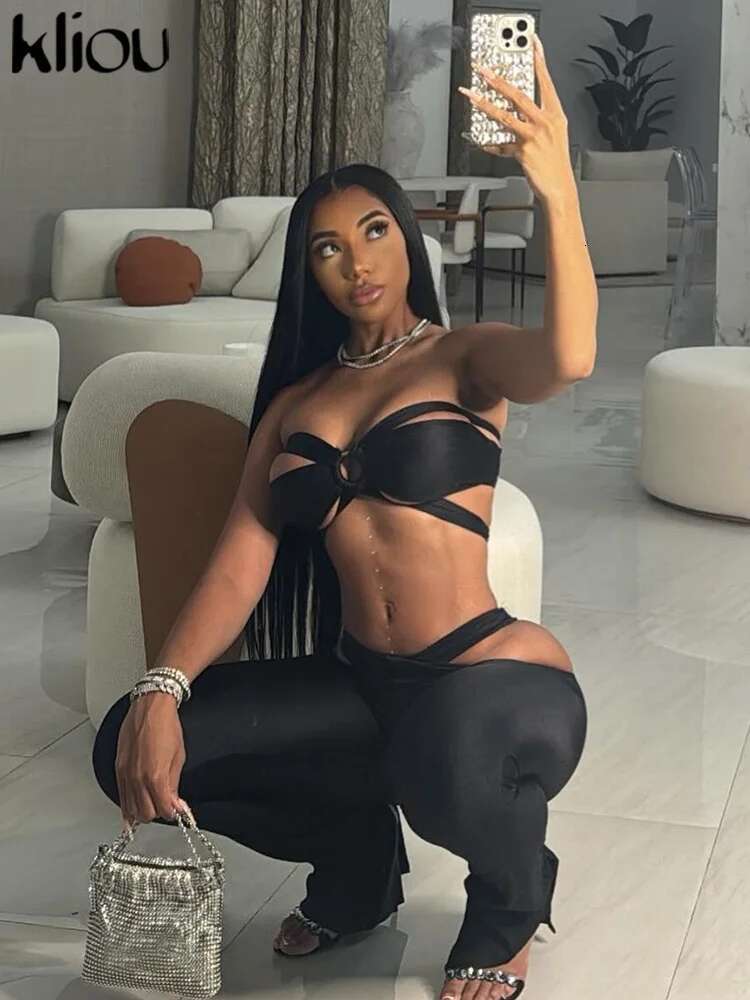 Kliou Sexy Stunning Women 2 Piece Coquette Solid Hollow Halter Crop Tanks+Slash Waist Slim Pants Female Clubwear Midnight Sets