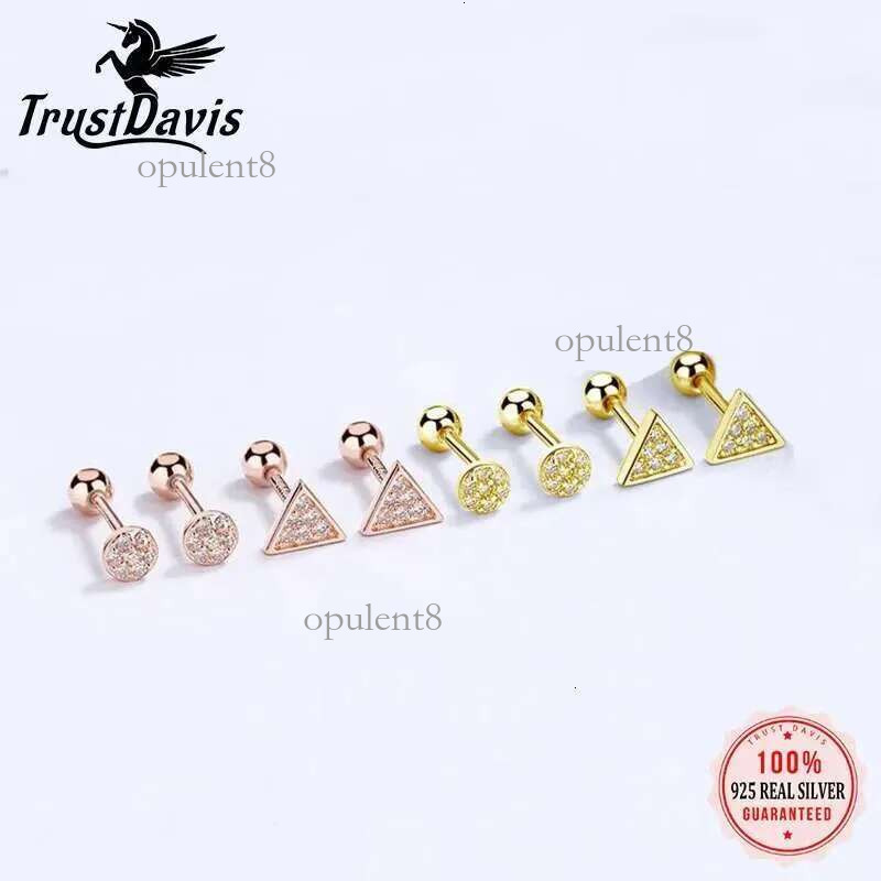 Truavis Real Sterg Sier Triangle Round CZ Screw Stud Earrings For Women Children Girls Minimalist Jewelry DA2445