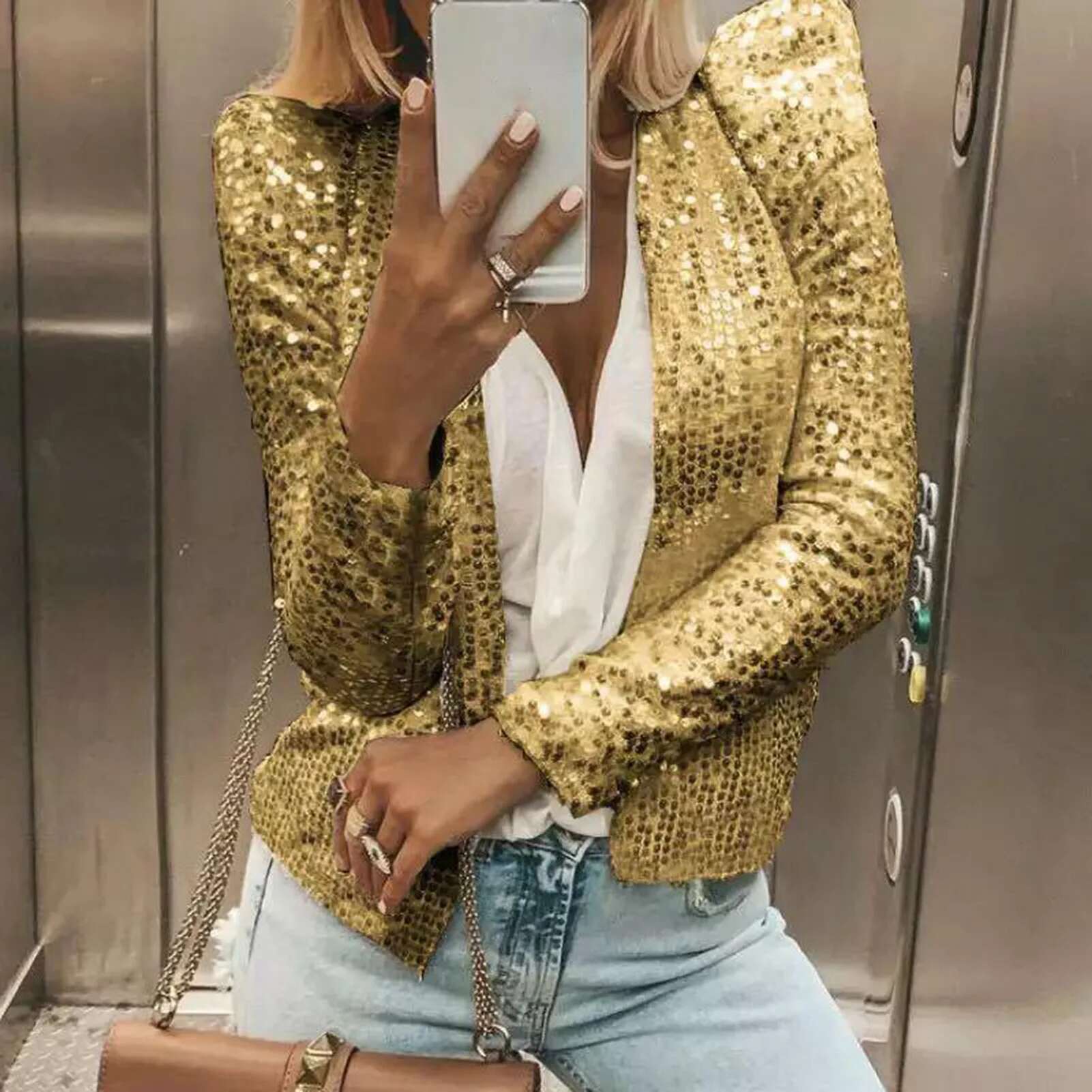 Chic Sequin Women Jackets Fashion Sparkly Glitter Office Lady Short Blazer Coat Slim Fit Open Front Cardigan Winter Jacket Women