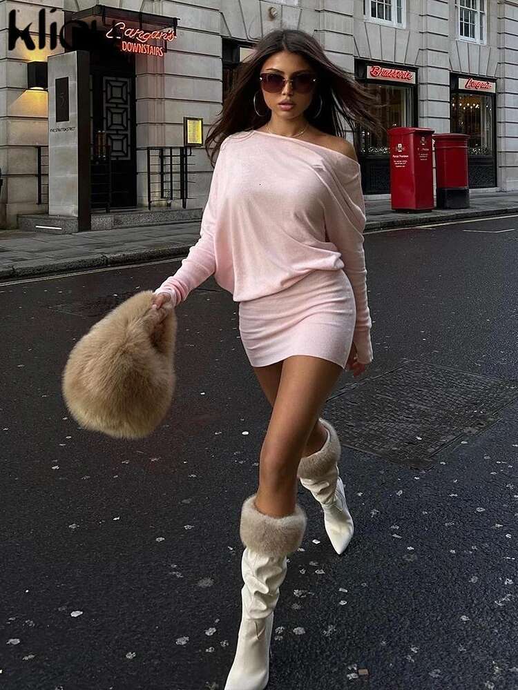 Kliou Solid Crew Neck Women Autumn Mini Dress Fashion Simple Long Sleeve Bodycone Waist Vestidos Female Trend Basic Streetwear