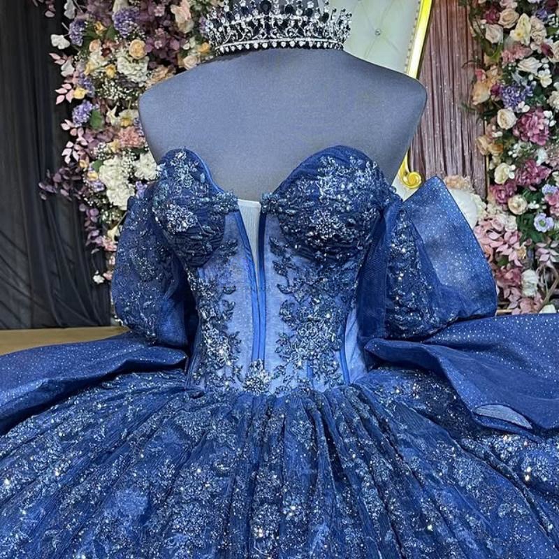 Navy Blue Shiny Quinceanera Dresses Ball Gown Off The Shoulder Applique Lace Beads Bow Tull Party Birthday Sweet 16 Vestidos 15 Anos