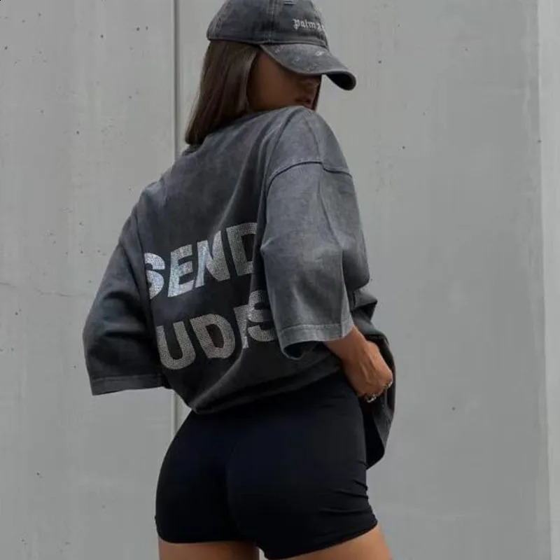Cotton Summer Streetwear Oversize Diamond T Shirt Women Washed Vintage Loose Casual INS BF Short Sleeve Women 250225
