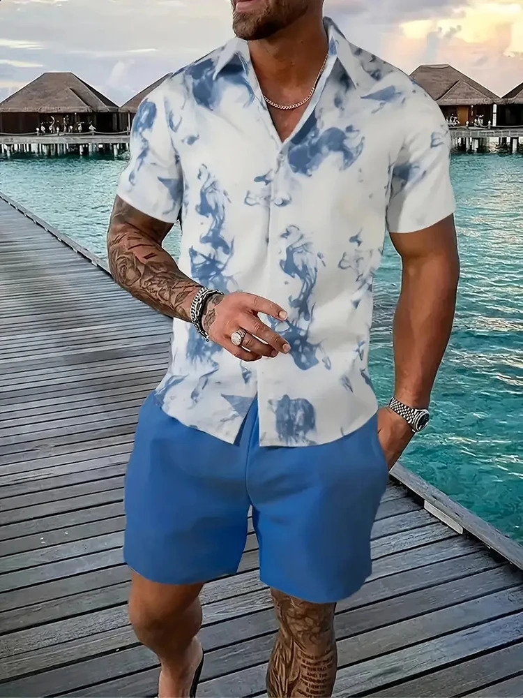 Hawaiian Mens Short-sleeved Shirt And Beach Shorts Set Summer Casual Mens Shirt Beach Vacation Loose Breathable Mens Shorts 250225