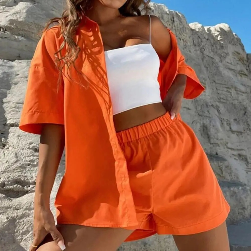 2 Pc Coat Shorts Set Solid Color Young Style Open Stitch Elastic Waist Comfortable Shirt Suit Daily Clothes 250225