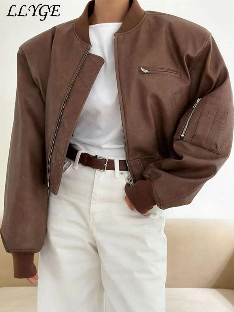 Designer Fashion Imitation Leather Bomber Jacket Women Loose O-Neck Zipper Short Coats 2024 Autumn Lady Vintage Locomotive Style Outwear