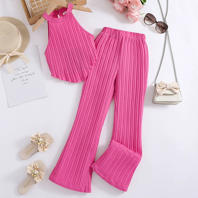 Girls Summer New Pink Sleeveless Top + Pink Pants Stylish Birthday Party Vacation Holiday Daily Casual Sweet Two Piece Set D264