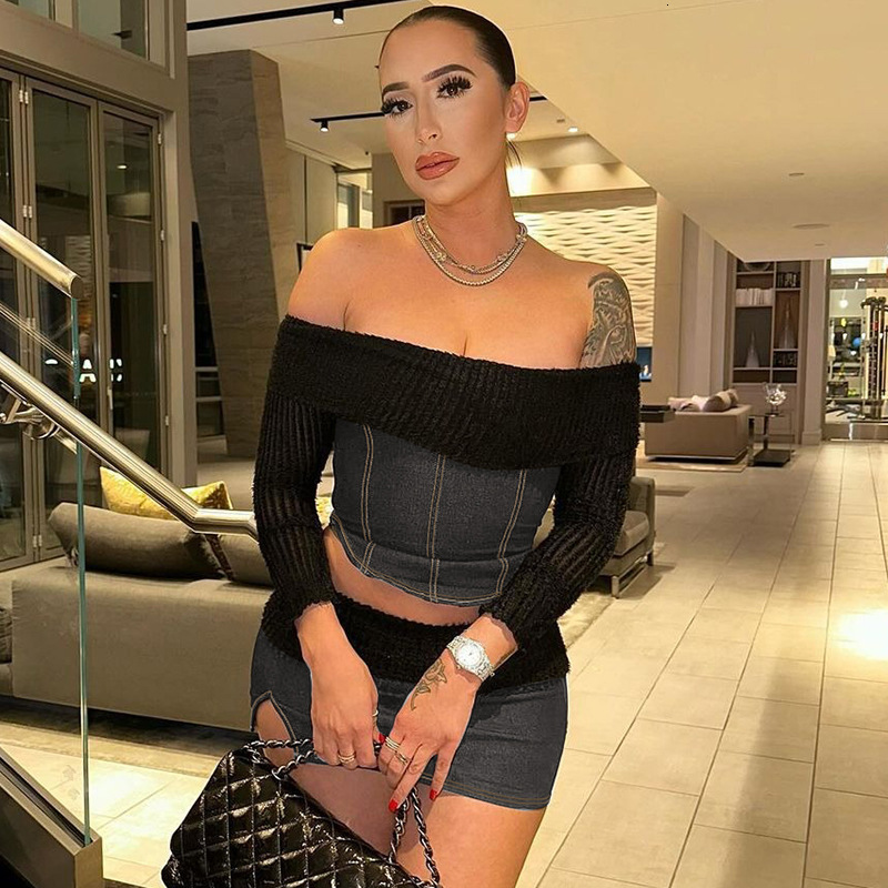 Hot Selling Women's Clothing New4 Autumn And Winter New Product Sexy Crop Top, Slim Fit Split Skirt Set