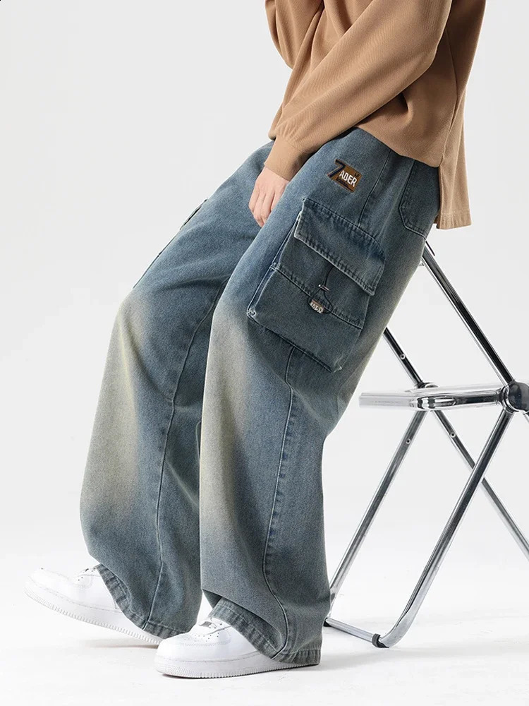 Autumn mens cargo jeans large pocket string wide pocket jeans brushed straight casual jeans 250226