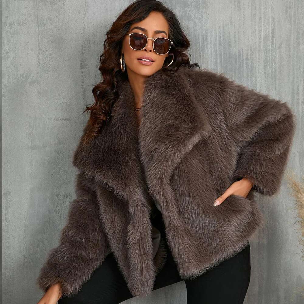 Faux Fur Short Coat for Women, Turn-down Collar, Long Sleeve, Fox Fur, Fluffy Plush Coats, Casual Fashion, Autumn, Winter