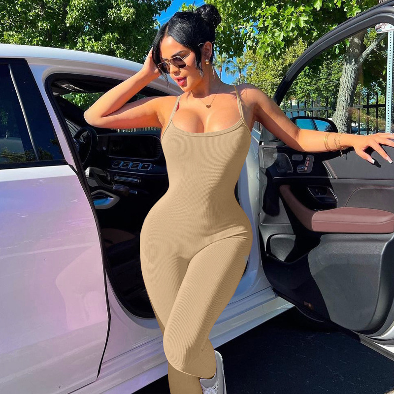 Feng Women's New4 Summer New Product Fashionable And Sexy Backless Fit Solid Color Slim Strap Jumpsuit