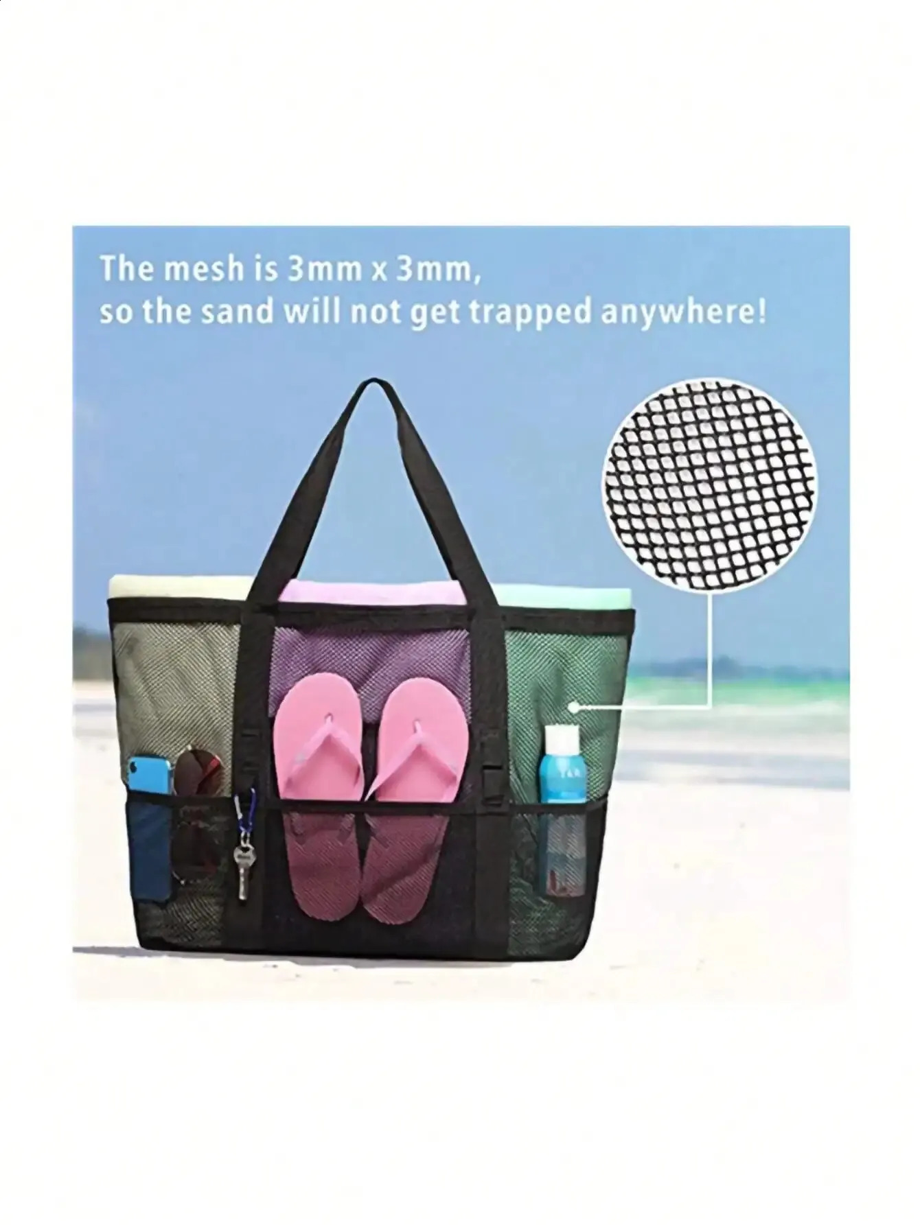 1pcs Unisex Large Capacity Multifunctional Mesh Handbag Beach Bag Shopping Bag Suitable For Outdoor Sports Beach Swimming 250305