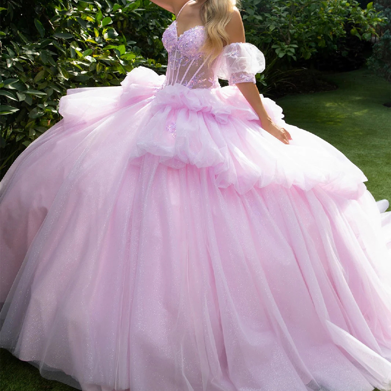 Pink Shiny Quinceanera Dresses Ball Gown Spaghetti Strap Applique Bow Beads Tull Corset Sweet 16 Dress Vestidos 15 De Anos