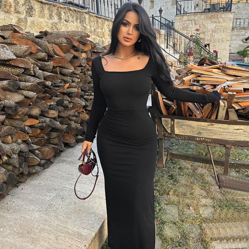 Women's Clothing New4 Autumn New Product Fashionable Slim Fit Backless Lace Up U-Neck Long Sleeved Dress