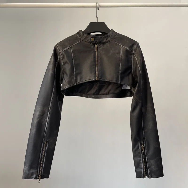 Black Brown Biker Faux Leather PU Spicy Girl Smock Cropped Zipper Jackets Short Coat Women Rave Outfits Kpop Streetwear