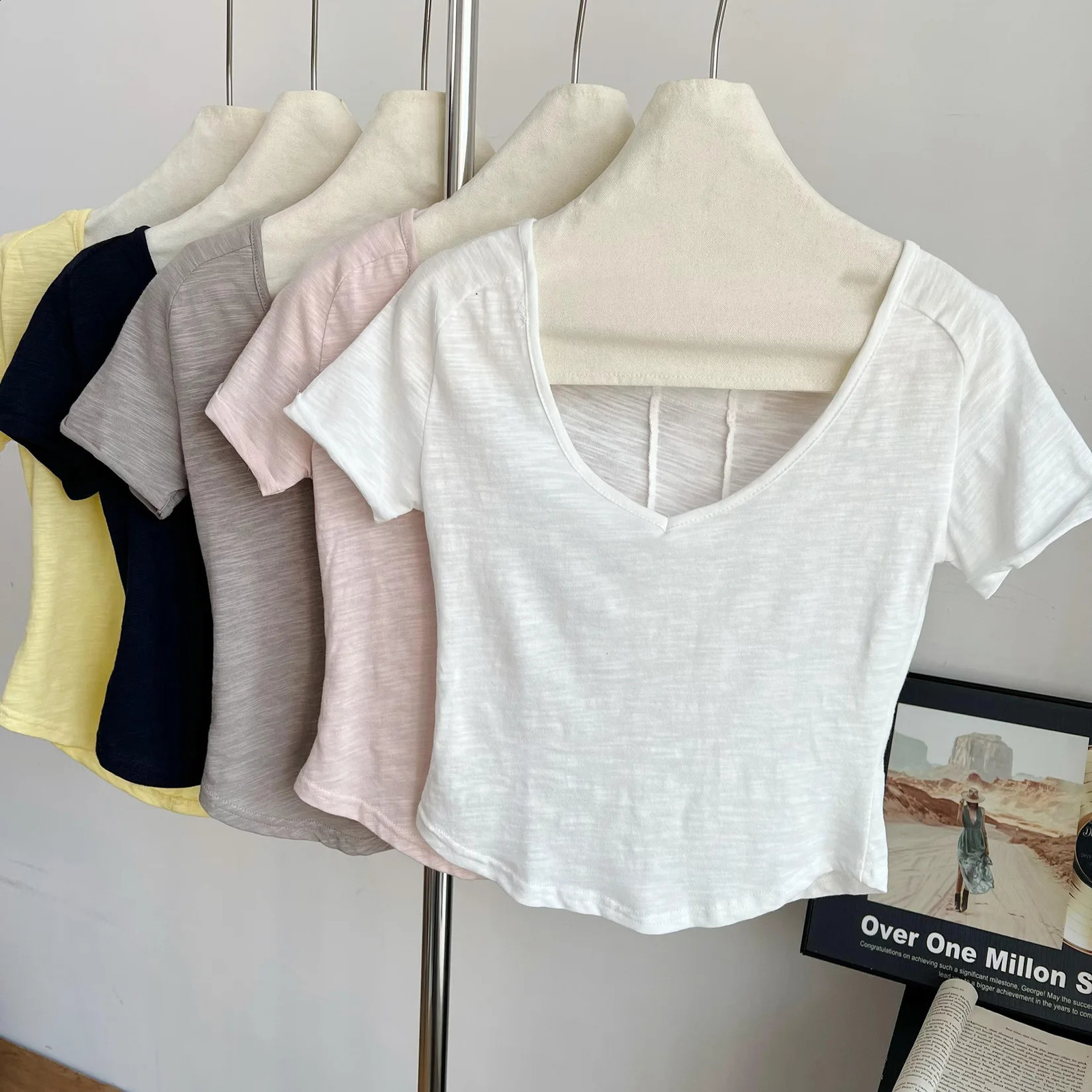 Women Summer basic Tops V neck Big collar Slim Pink solid tee Tops Short Sleeve Women Casual Tshirts 250225