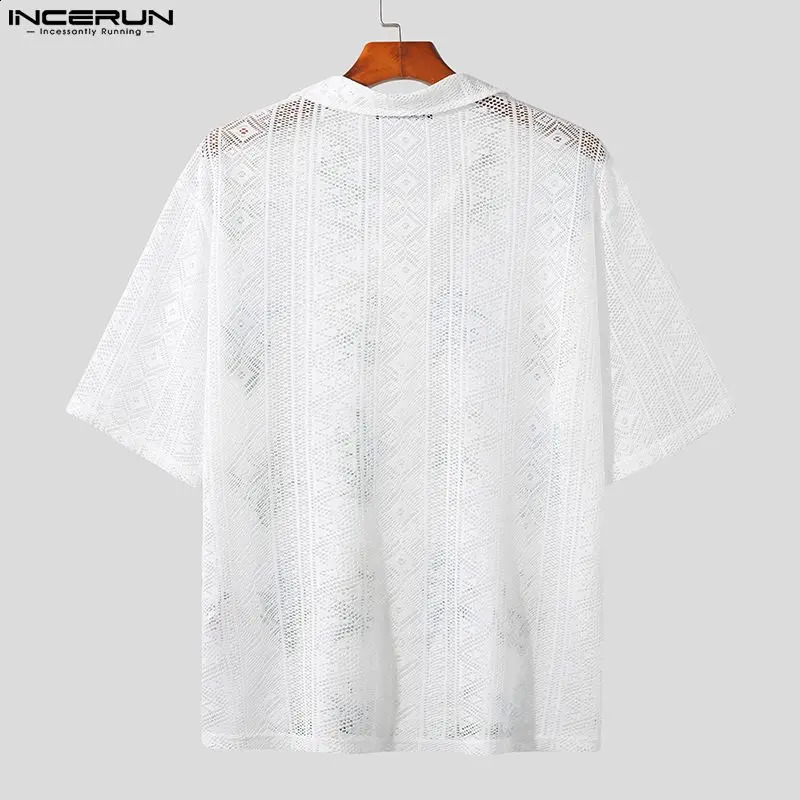 Mens Shirt Printed Mesh Hollow Transparent Collar Short Sleeve Mens Street Clothing Casual Camisas INCERUN 250224