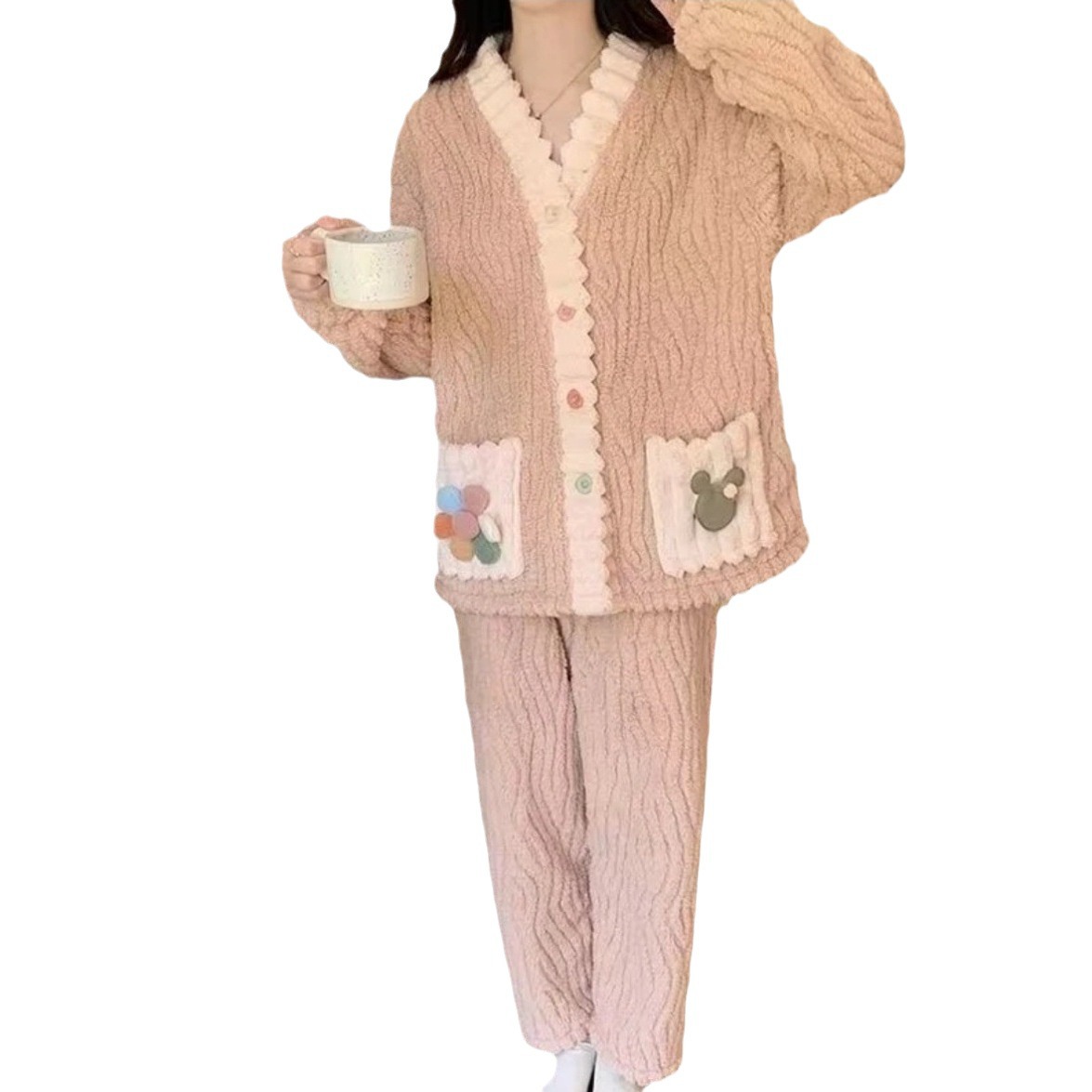 B737-Two-piece suit for women autumn and winter coral fleece double-sided thickened pajamas warm home clothes sweet warm suit