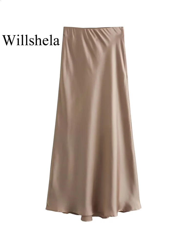 Willshela Black Satin Skirt Woman High Waist Elegant Long Skirts For Women Fashion Summer Midi Skirt Office Womens Skirts 250224