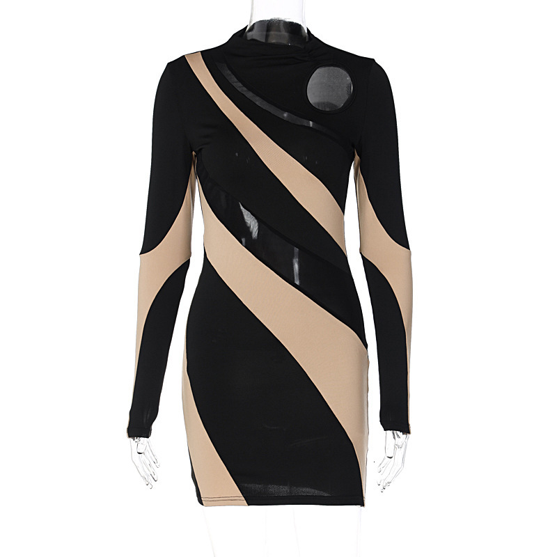 Women's New3 Spring New Product Fashion Splice Hollow Out Round Neck Long Sleeve Slim Fit Dress