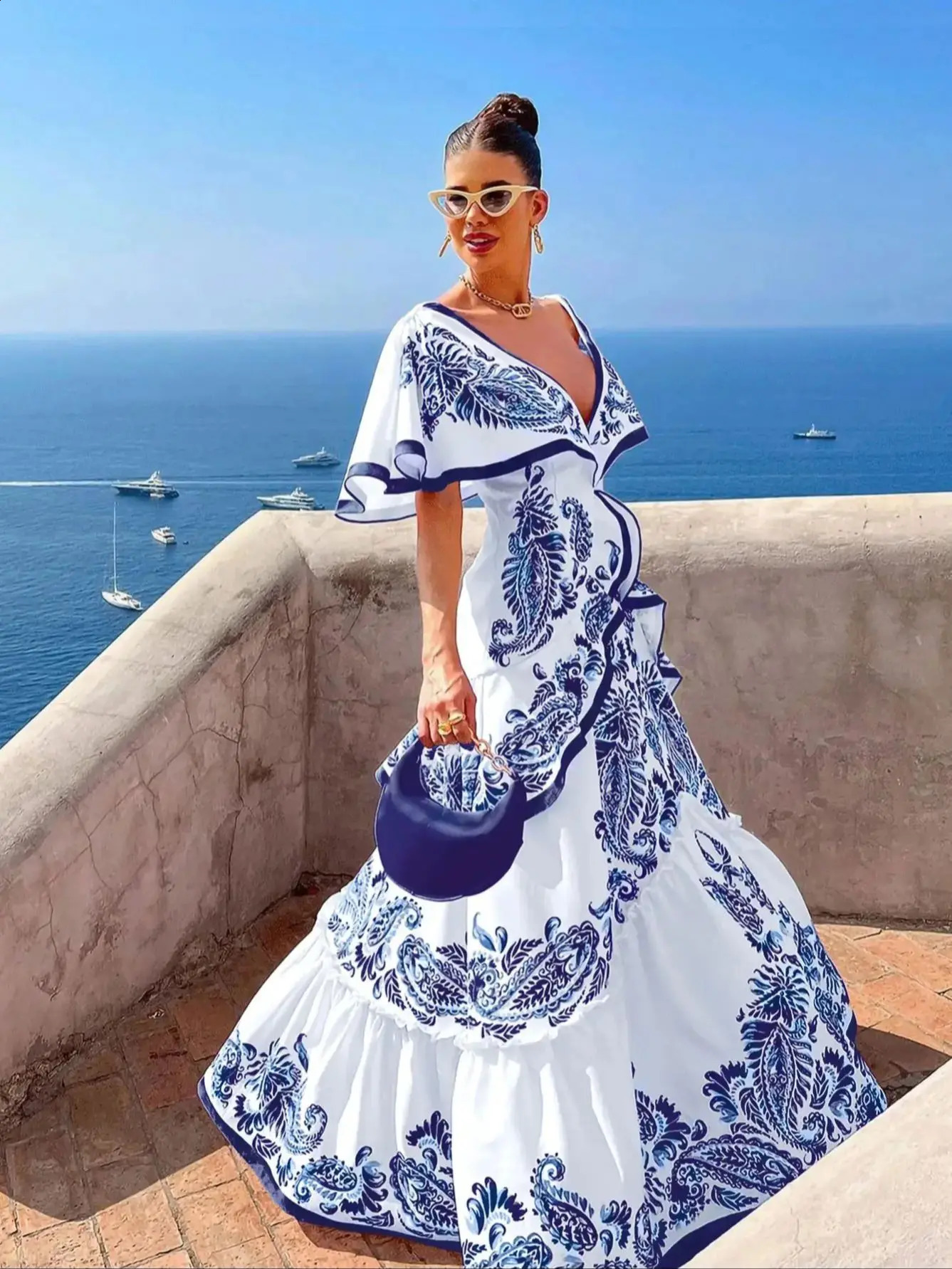 Shadow Cap Midi Dresses Women Cloak Sleeves Dress V Neck Halter Boho Summer Party Evening Female Dresses Summer Dress 250226