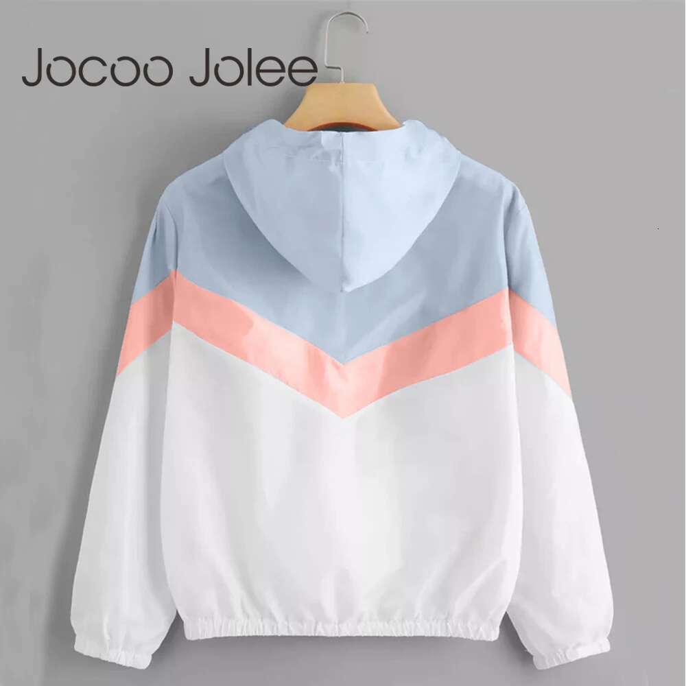 Fashion Hooded Windbreaker Women Elegant Color Block Patchwork Zipper Bomber Jacket Autumn Casual Coat Outerwear Raincoat