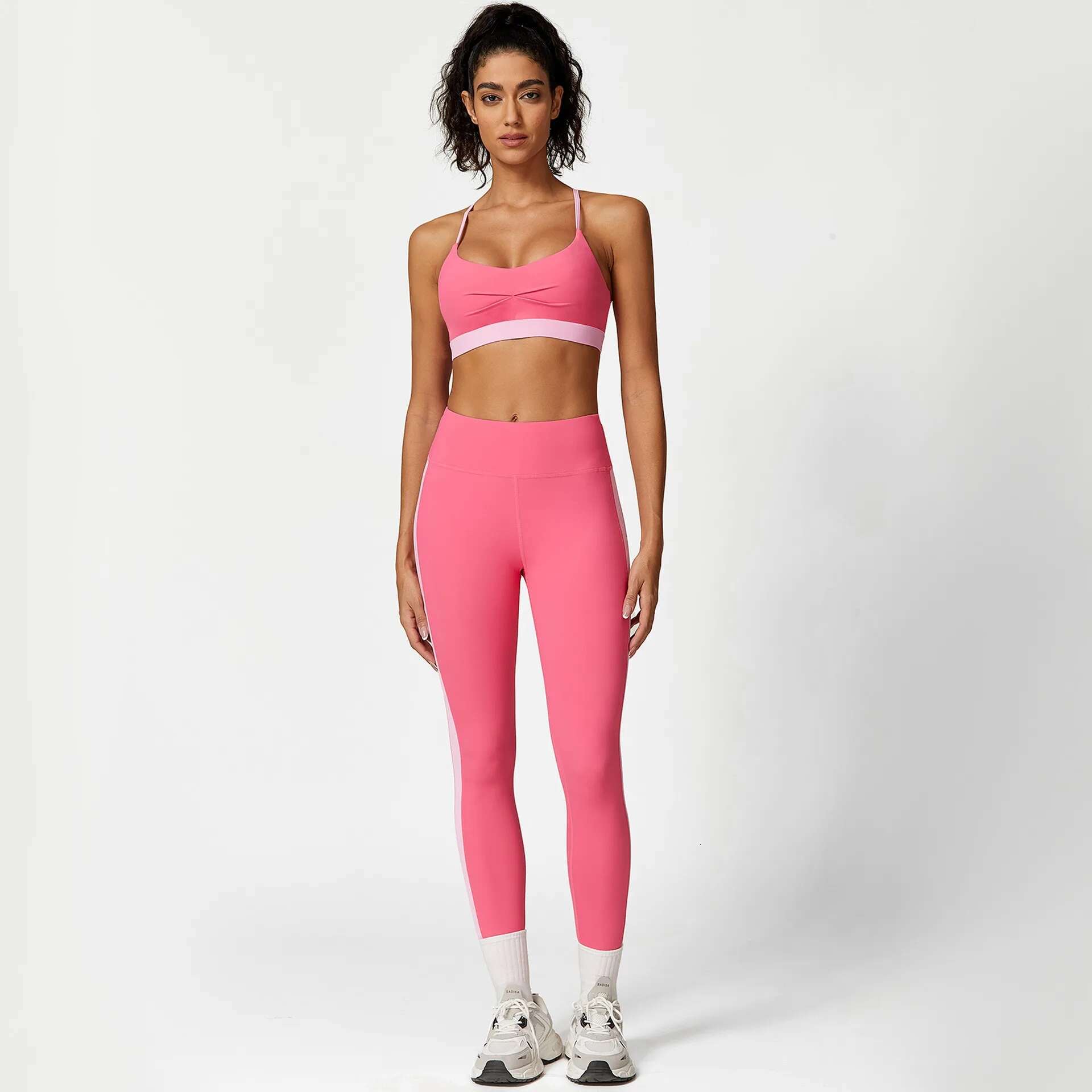 2 Pieces Yoga Sets Contrast Color Gym Tracksuits Pilates Fiess Clothing Women Shockproof Bra&Hip Up Leggings Activewear