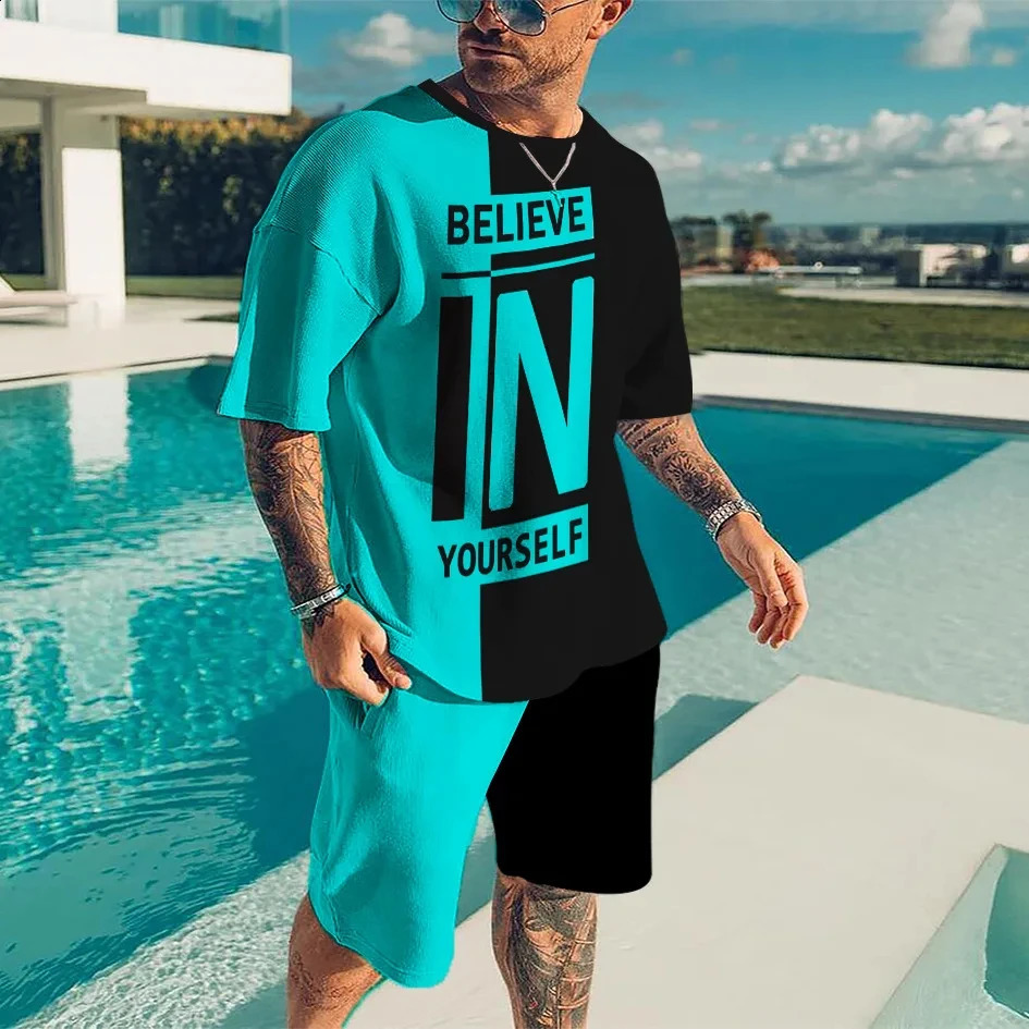Summer Mens Tracksuit Believe in Yourself T-shirt Shorts Set Sport Outfit Jogging Suit Oversized Clothes Outdoor Streetwear 250228