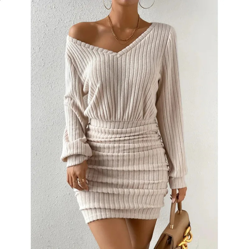Womens Autumn Winter Knitted Sweater Mini Dress Female Casual Solid Wrap Vneck Long Sleeve Warm Bodycon Short Dresses Robe 250227Z