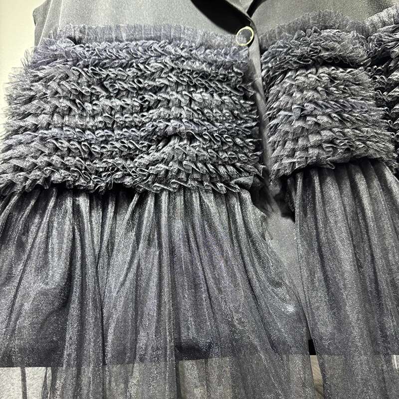 Streetwear Style Blaze Waistcoats Spliced Mesh Design Sleeveless Loose Women Black Mid Length Vest 2025 Spring New O4630