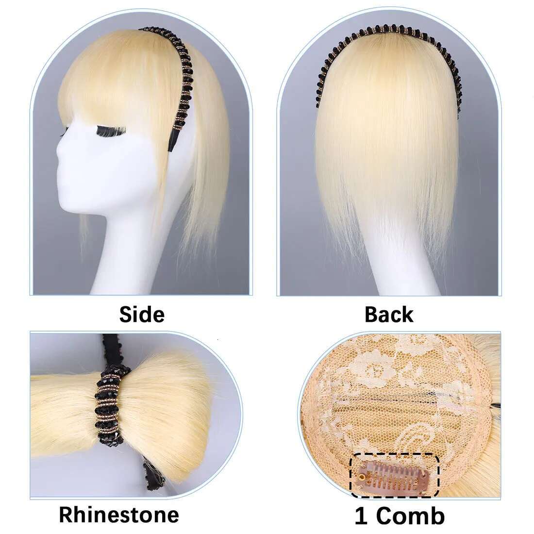 Platinum Blonde Human Toppers Rhie Women Clip In Bangs With Band Straight Hairpiece For Thinning Hair