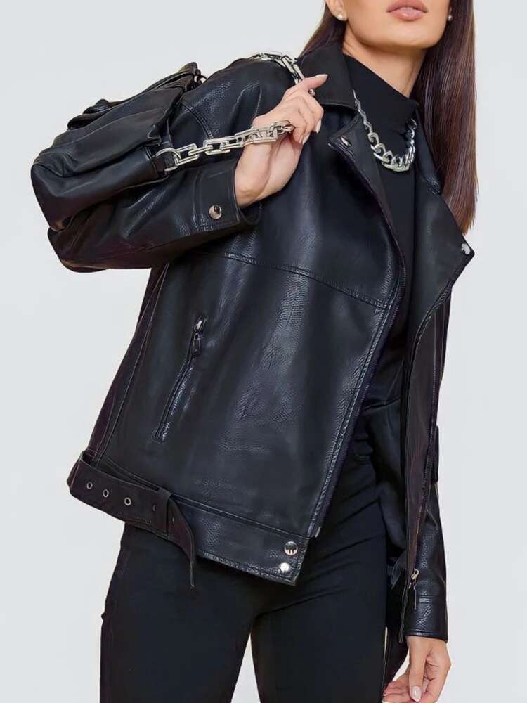 Designer Aigo Spring Autumn Women Moto Biker Black Loose Pu Faux Leather Jacket Streetwear Female Zipper Belt Coat Outwear