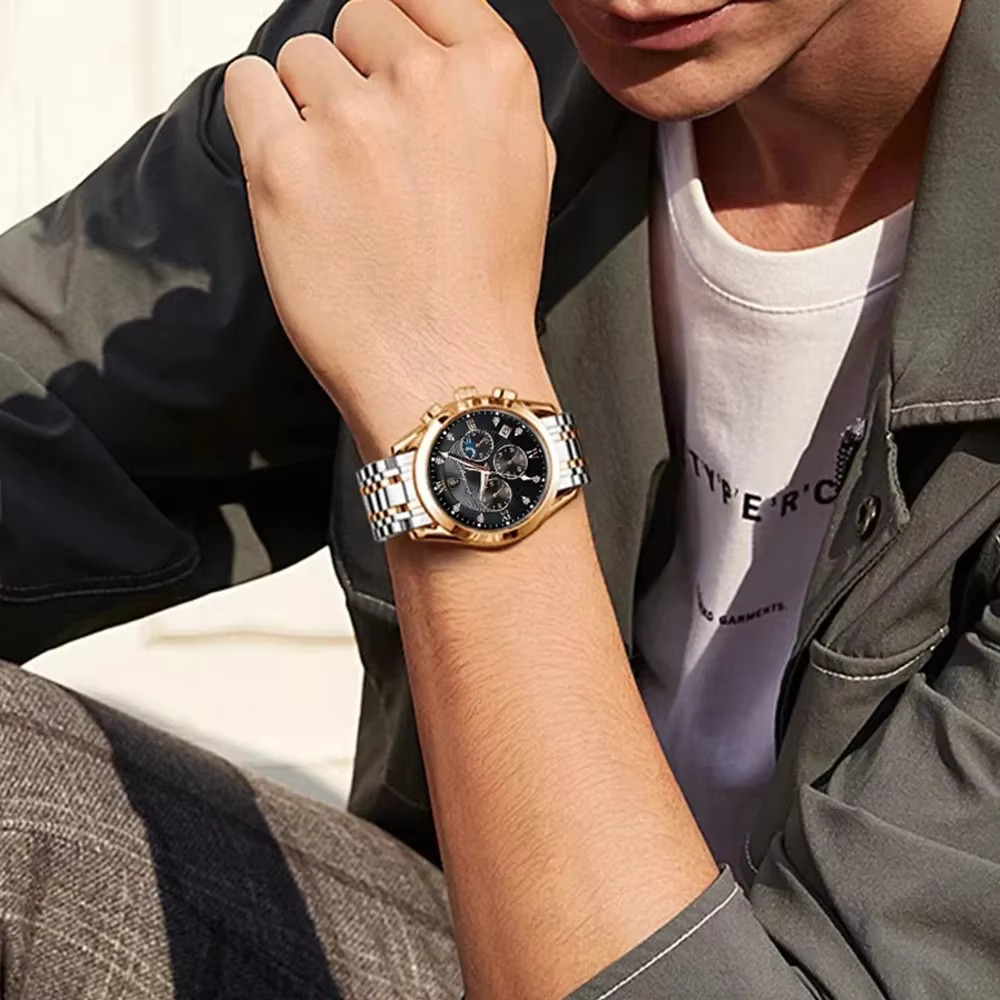 820 Watch Casual Chronograph Men's Watches Stainless Steel Band Business Wristwatch Quartz Clock With Luminous Pointers