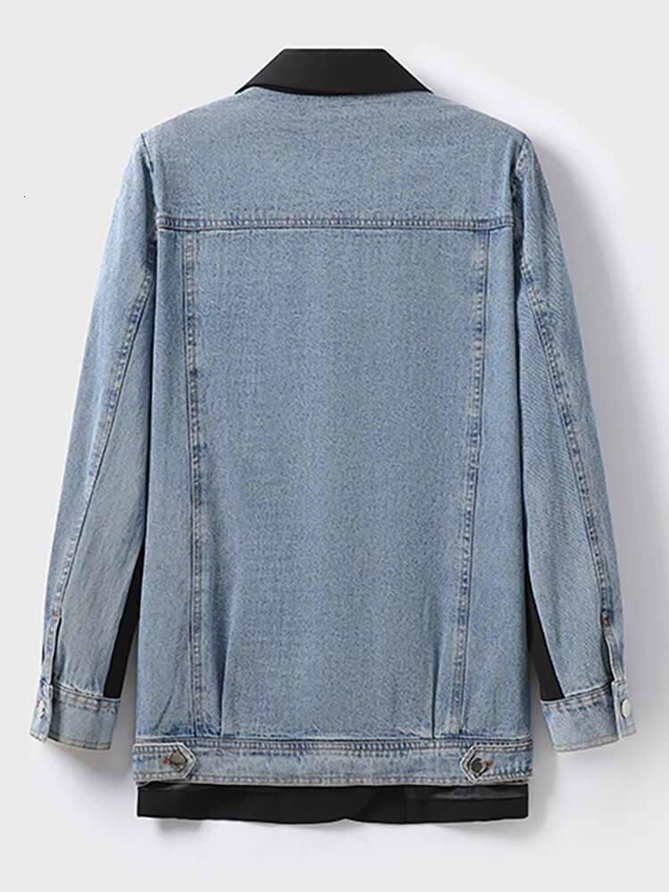 DEAT Women's Blazer Notched Collar Patchwork Denim Khaki Long Sleeve Suit Coat 2025 Spring New Fashion 29L1530