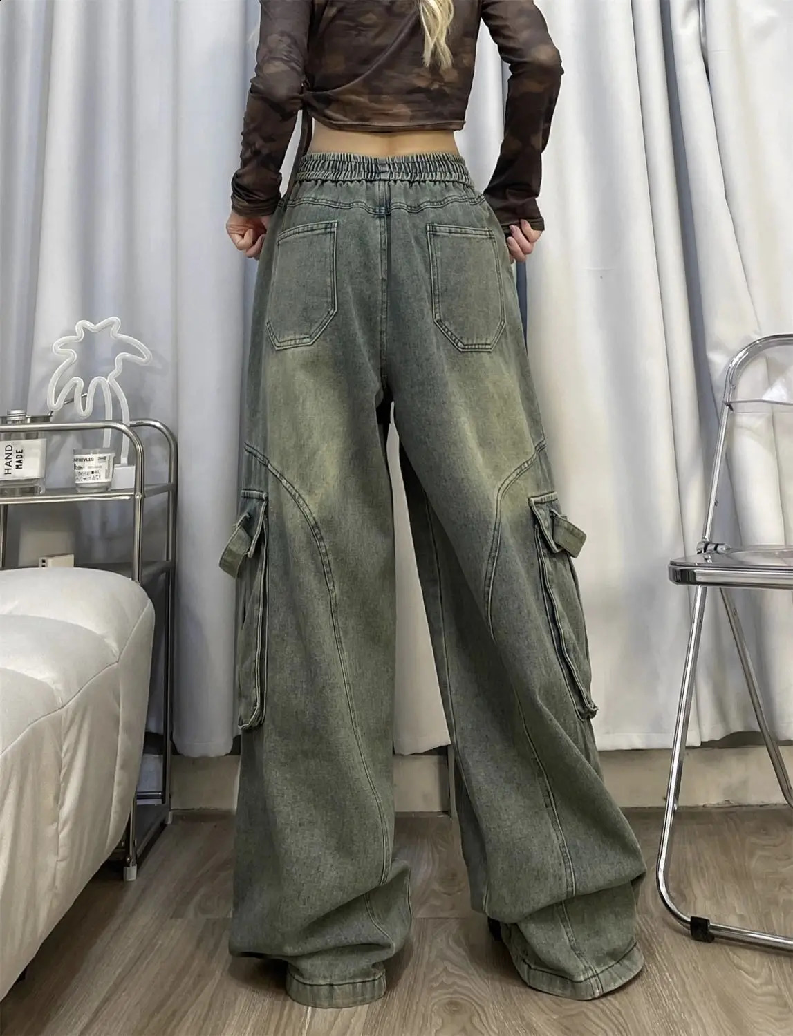 American hip-hop street men and women trendy personality straight leg multi pocket jeans loose vintage casual pants y2k 250224