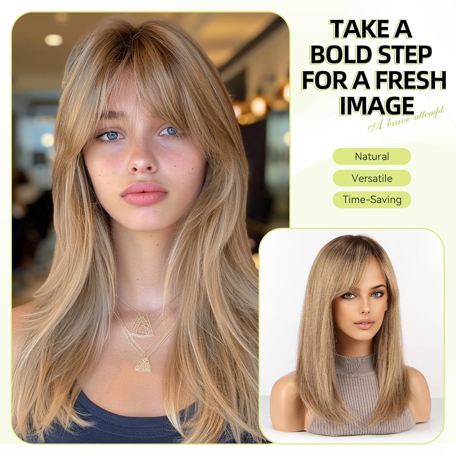 RSY Ombre Ash Blonde women's straight wig, shoulder length, layered real hair wig with bangs, suitable for daily party use